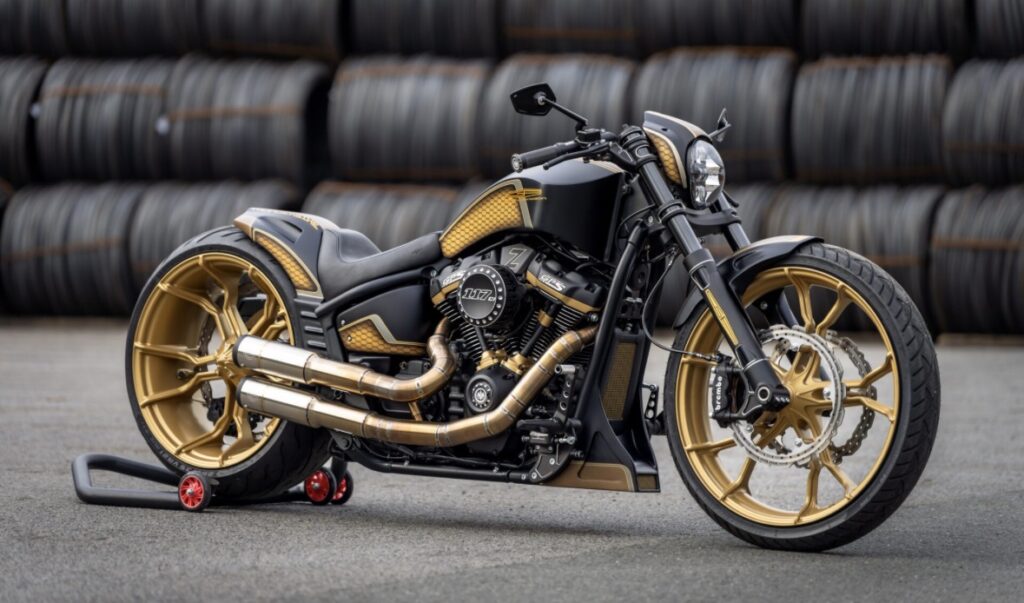 Moto noire et dorée avec des pièces Thunderbike